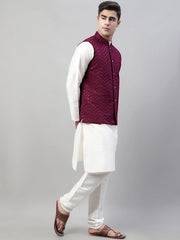 Men White Solid Kurta Pyjama with Purple Embroidered Nehru Jacket