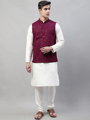 Men White Solid Kurta Pyjama with Purple Embroidered Nehru Jacket
