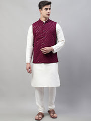 Men White Solid Kurta Pyjama with Purple Embroidered Nehru Jacket