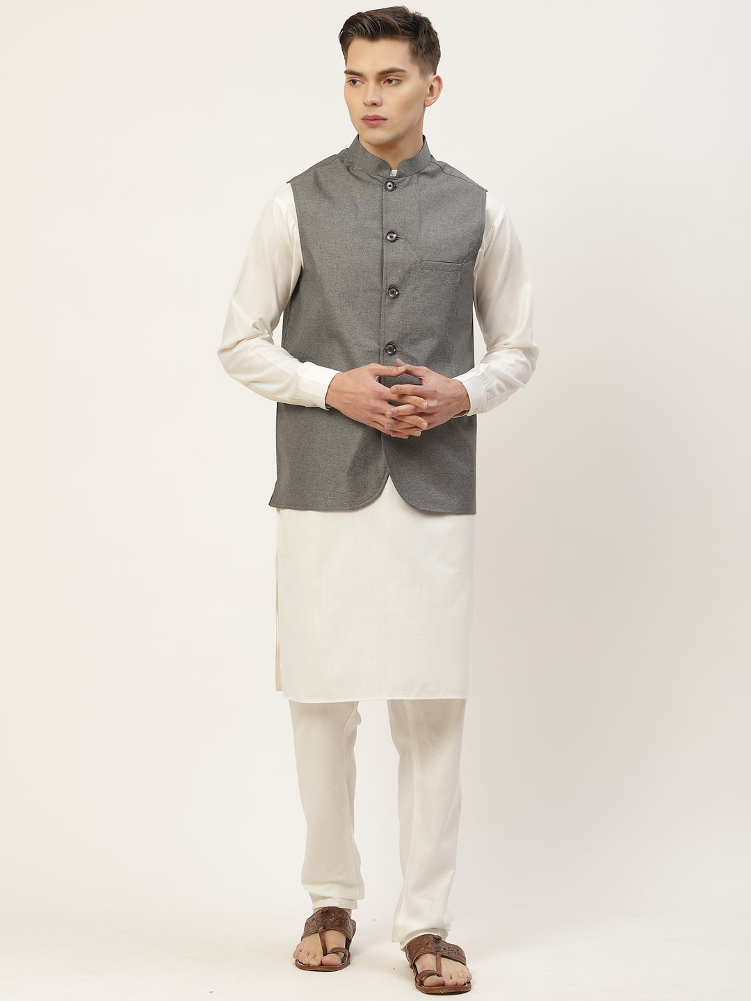 DesiQlo Men Ethnic Set with waistcoat - Grey
