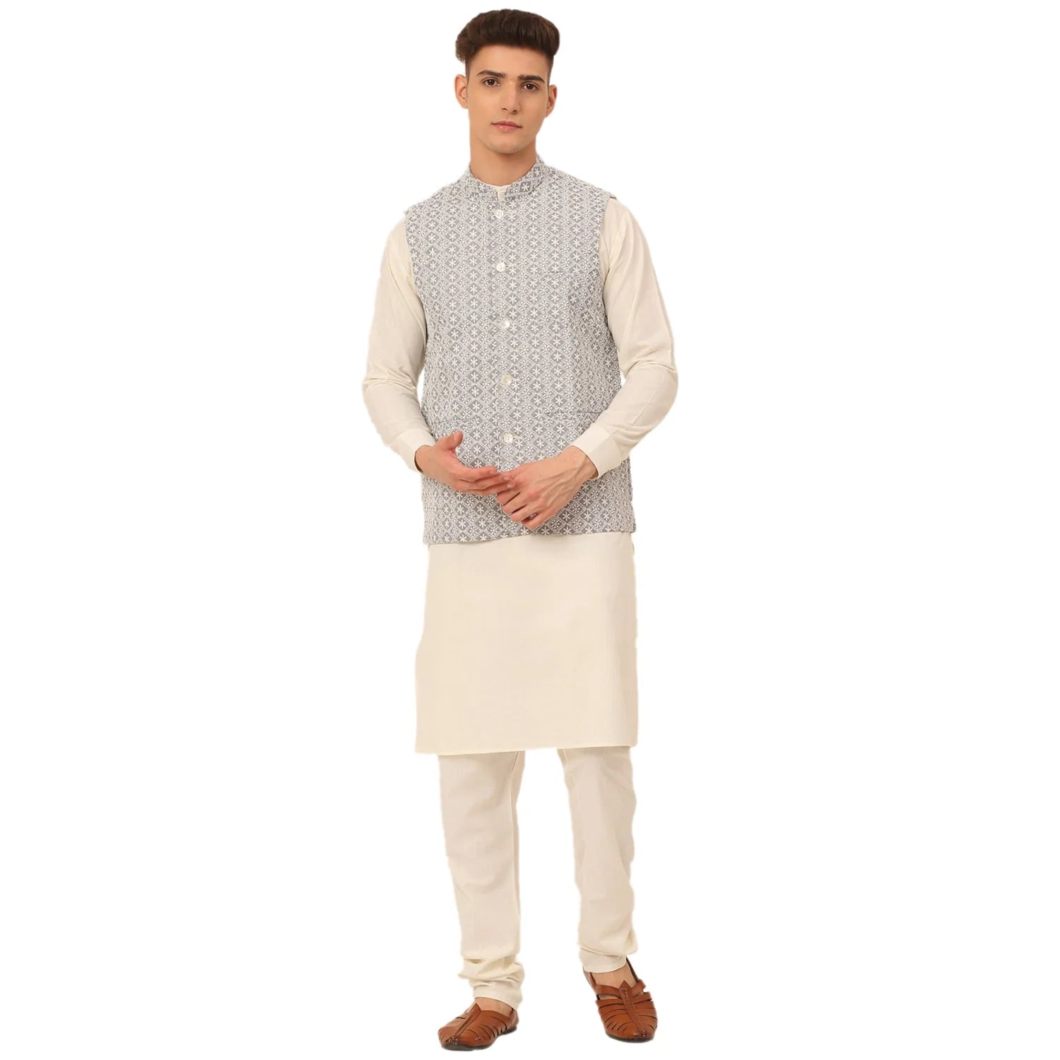 White Cotton Mens Kurta Pajama Set with Embroidered Nehru Jacket