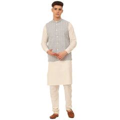 Men White Cotton Blend Kurta with Pyjamas & Embroidered Nehru Jacket ( JOKPWC W-F 4041Grey )-JOKPWC-W-F-4041