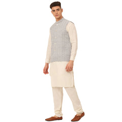 Men White Cotton Blend Kurta with Pyjamas & Embroidered Nehru Jacket ( JOKPWC W-F 4041Grey )-JOKPWC-W-F-4041
