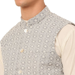 Men White Cotton Blend Kurta with Pyjamas & Embroidered Nehru Jacket ( JOKPWC W-F 4041Grey )-JOKPWC-W-F-4041