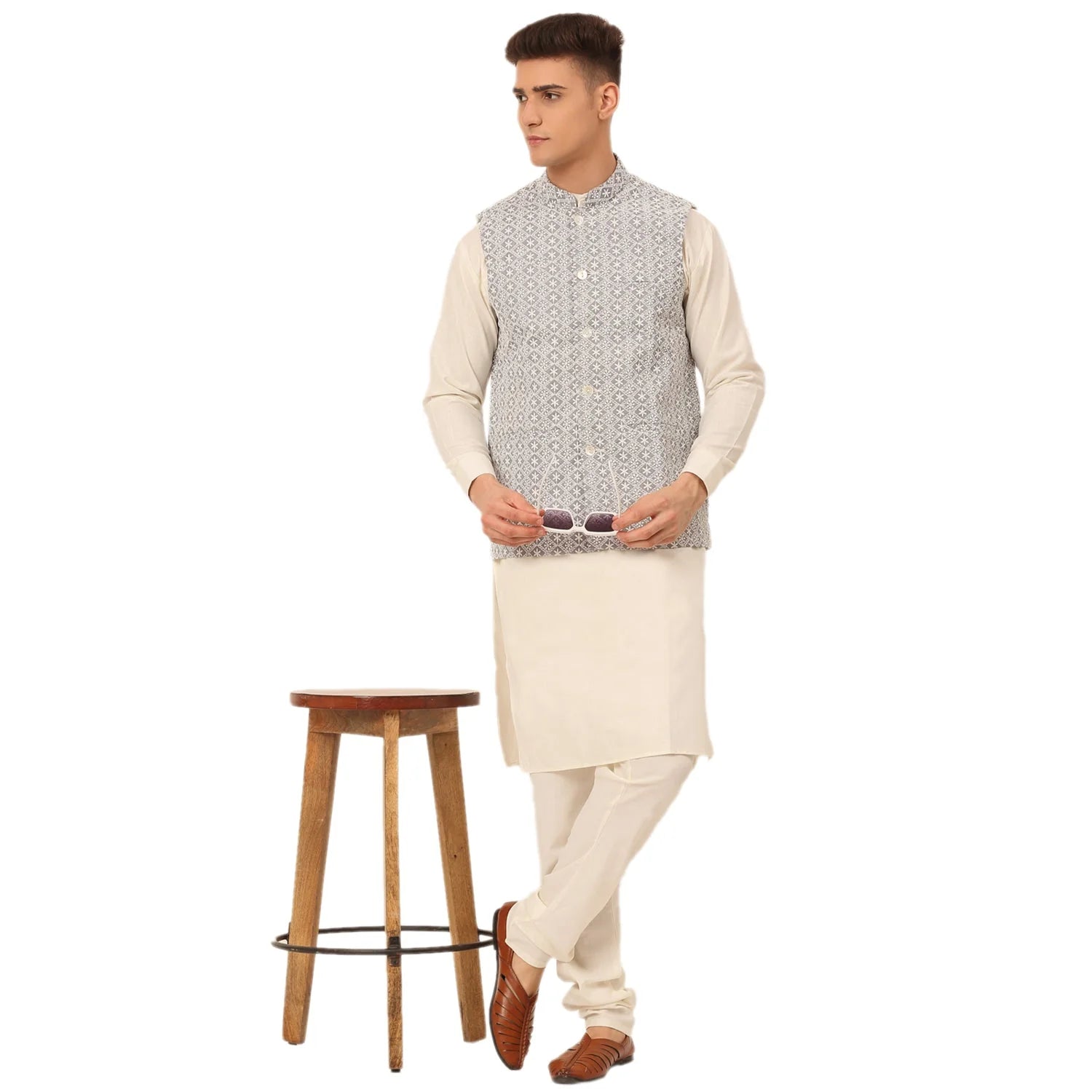 White Cotton Mens Kurta Pajama Set with Embroidered Nehru Jacket