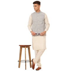 Men White Cotton Blend Kurta with Pyjamas & Embroidered Nehru Jacket ( JOKPWC W-F 4041Grey )-JOKPWC-W-F-4041