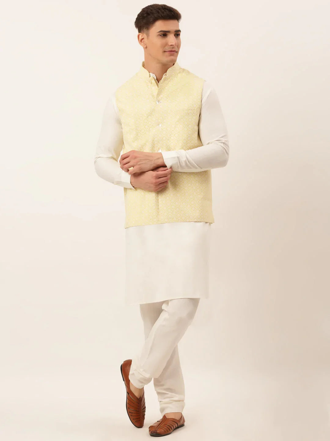 Men White Cotton Blend Kurta with Pyjamas & Yellow Embroidered Nehru Jacket( JOKPWC W-F 4041Lemon )