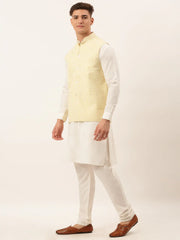 Men White Cotton Blend Kurta with Pyjamas & Yellow Embroidered Nehru Jacket( JOKPWC W-F 4041Lemon )