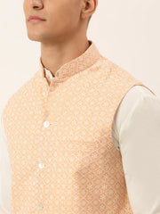 Men White Cotton Blend Kurta with Pyjamas & Orange Embroidered Nehru Jacket( JOKPWC W-F 4041Orange )