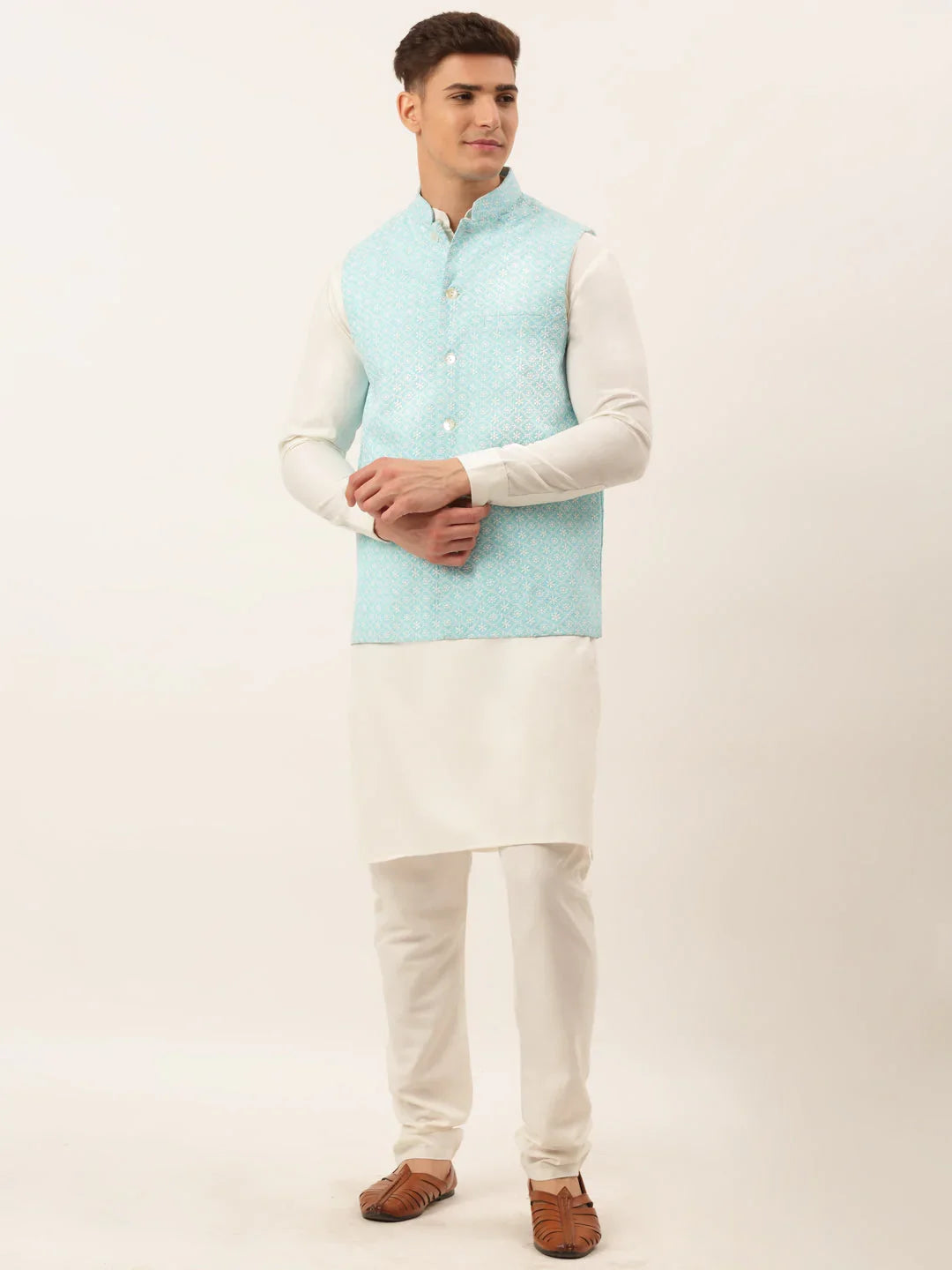 Men White Cotton Blend Kurta with Pyjamas & Sky Blue Embroidered Nehru Jacket( JOKPWC W-F 4041Sky )