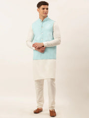 Men White Cotton Blend Kurta with Pyjamas & Sky Blue Embroidered Nehru Jacket( JOKPWC W-F 4041Sky )