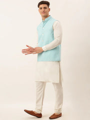 Men White Cotton Blend Kurta with Pyjamas & Sky Blue Embroidered Nehru Jacket( JOKPWC W-F 4041Sky )