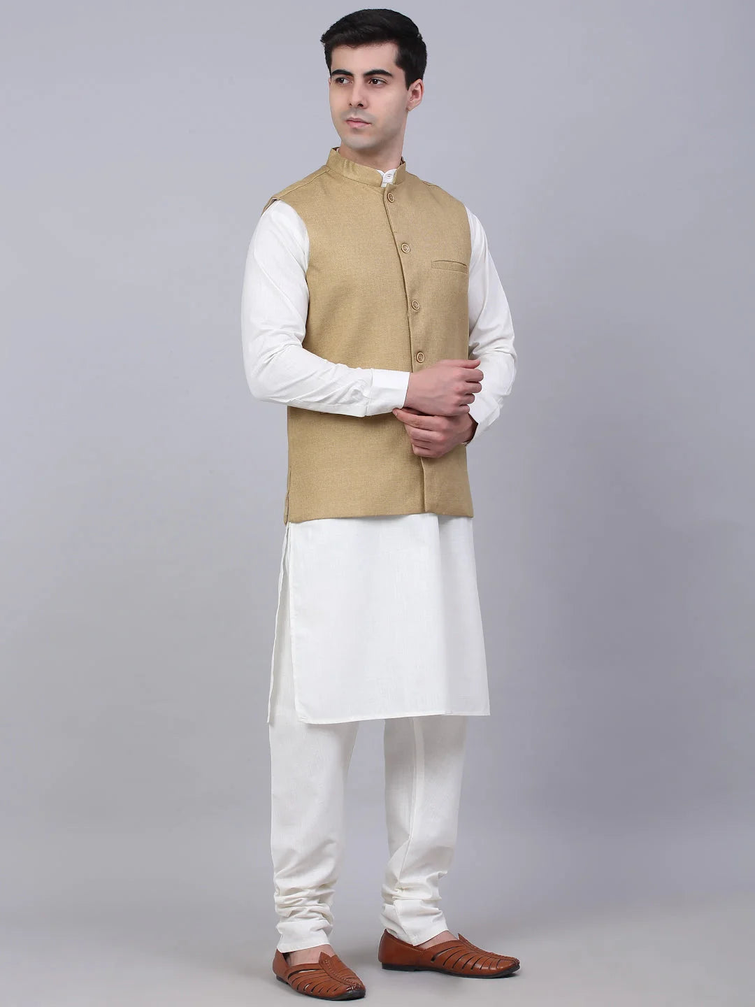 Beige Cotton Mens Kurta Pajama Set with Nehru Jacket