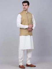 Men's Solid Kurta Pyjama With Nehru Jacket ( JOKPWC W-F 4046Beige )-JOKPWC-W-F-4046
