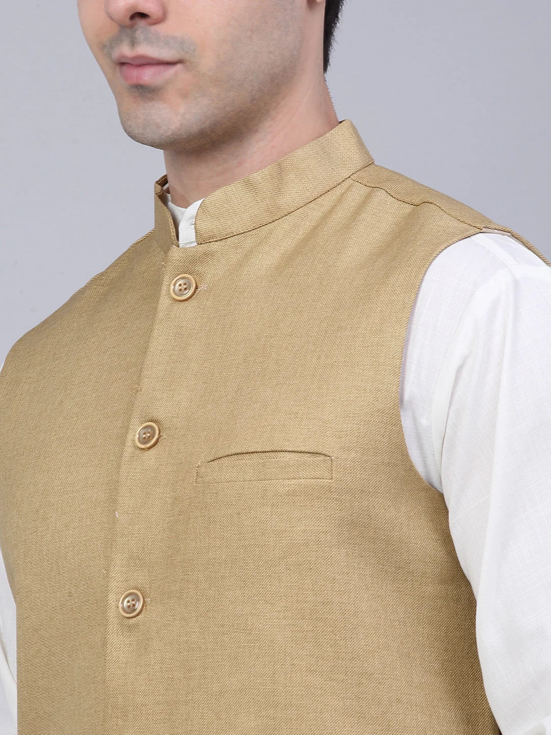 Beige Cotton Mens Kurta Pajama Set with Nehru Jacket