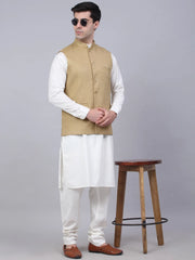 Men's Solid Kurta Pyjama With Nehru Jacket ( JOKPWC W-F 4046Beige )-JOKPWC-W-F-4046