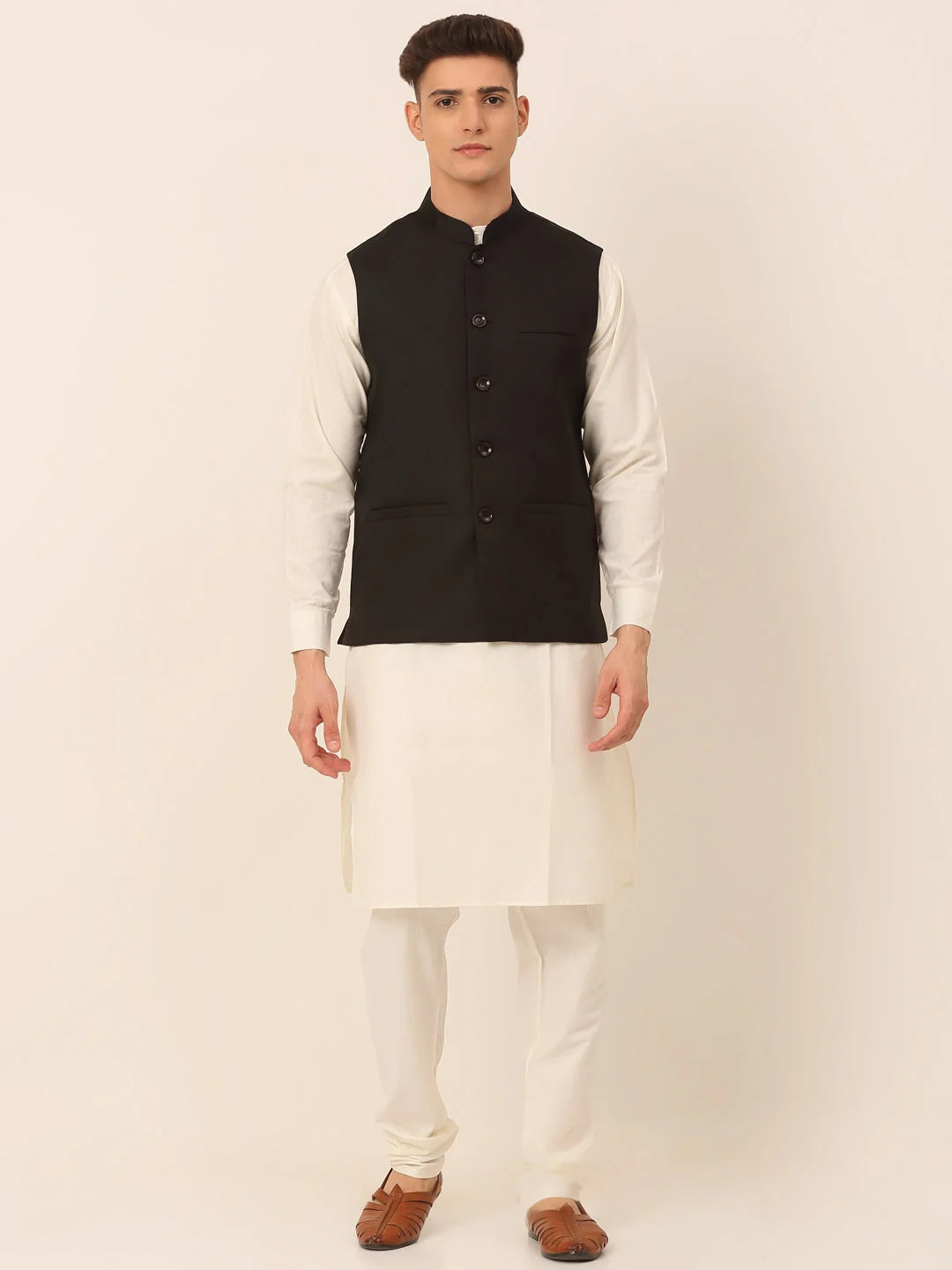 Black Mens Kurta Pajama Set with Nehru Jacket | Cotton Fabric
