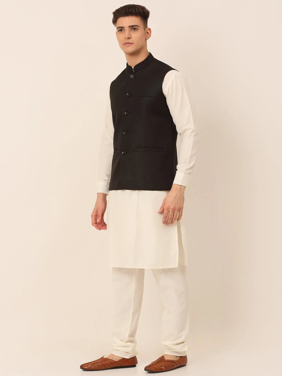 Black Mens Kurta Pajama Set with Nehru Jacket | Cotton Fabric
