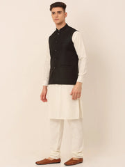 Men's Solid Kurta Pyjama With Nehru Jacket ( JOKPWC W-F 4046Black )-JOKPWC-W-F-4046