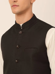 Men's Solid Kurta Pyjama With Nehru Jacket ( JOKPWC W-F 4046Black )-JOKPWC-W-F-4046