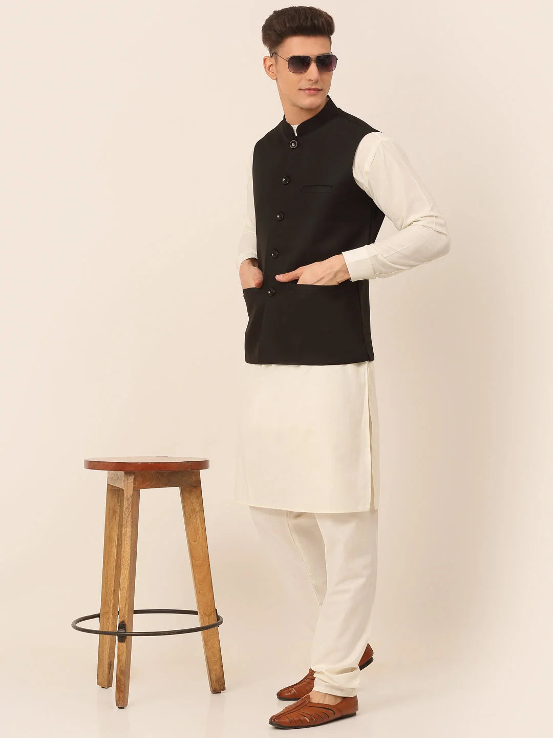 Black Mens Kurta Pajama Set with Nehru Jacket | Cotton Fabric