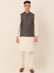Men's Solid Kurta Pyjama With Nehru Jacket ( JOKPWC W-F 4046Charcoal )-JOKPWC-W-F-4046