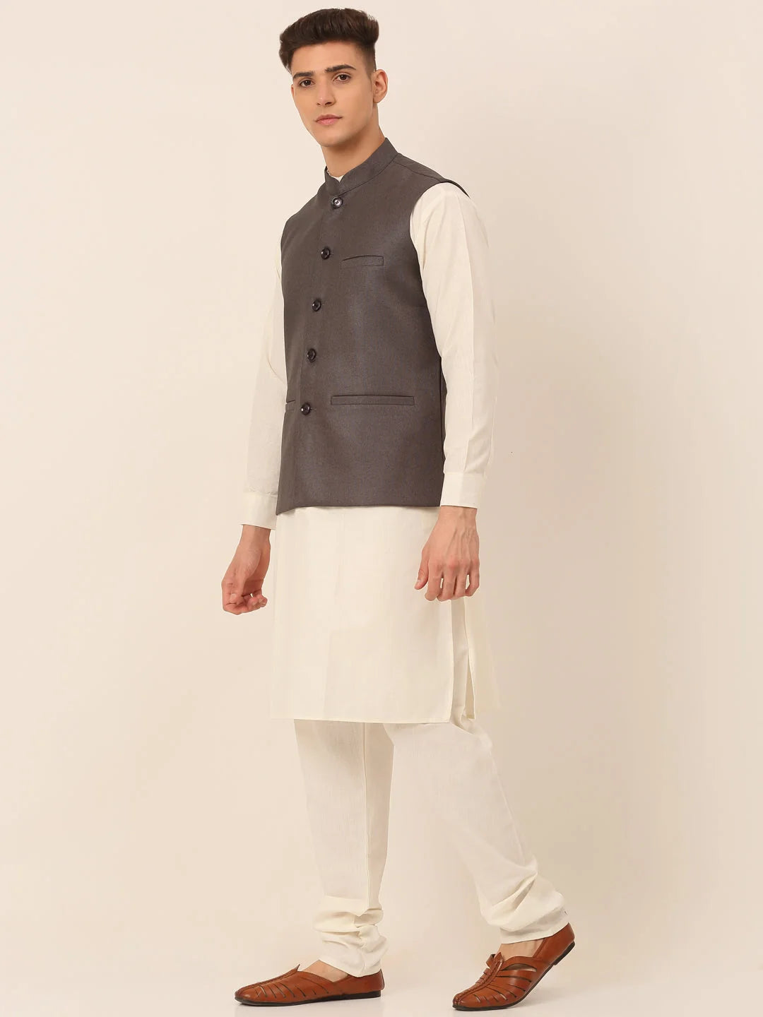 Charcoal Mens Kurta Pajama Set with Nehru Jacket | Solid Cotton