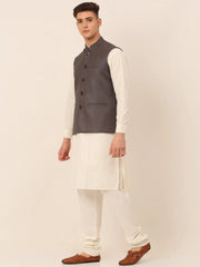 Men's Solid Kurta Pyjama With Nehru Jacket ( JOKPWC W-F 4046Charcoal )-JOKPWC-W-F-4046