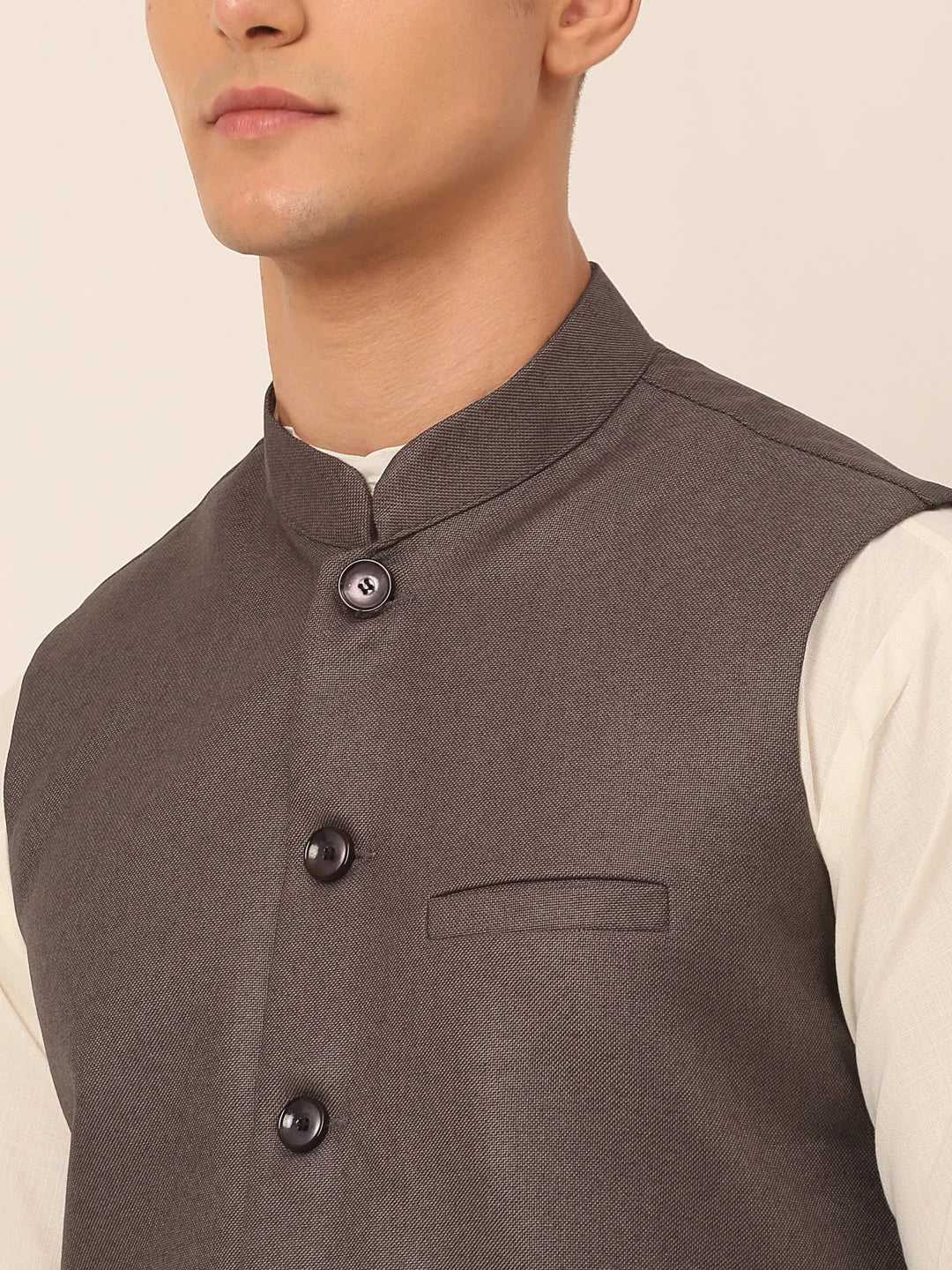 Charcoal Mens Kurta Pajama Set with Nehru Jacket | Solid Cotton