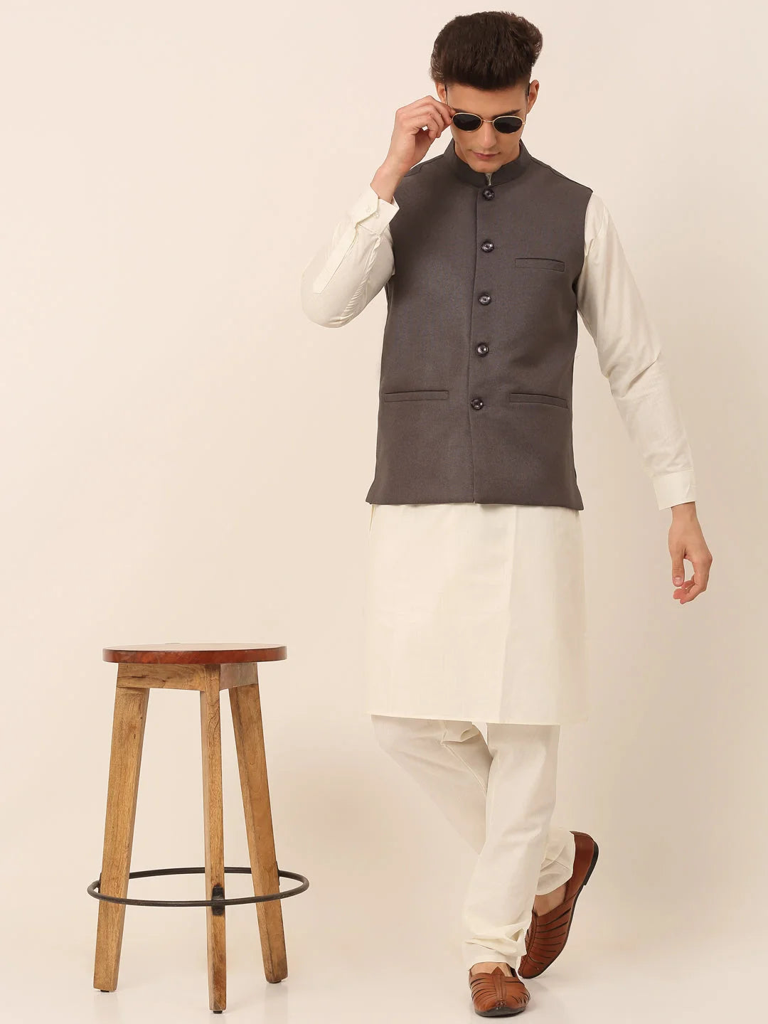 Charcoal Mens Kurta Pajama Set with Nehru Jacket | Solid Cotton