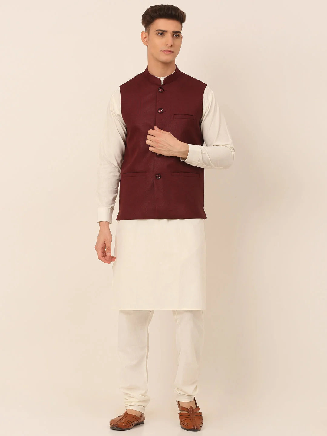 Maroon Mens Kurta Pajama Set with Nehru Jacket | Solid Cotton