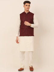 Men's Solid Kurta Pyjama With Nehru Jacket ( JOKPWC W-F 4046Maroon )-JOKPWC-W-F-4046