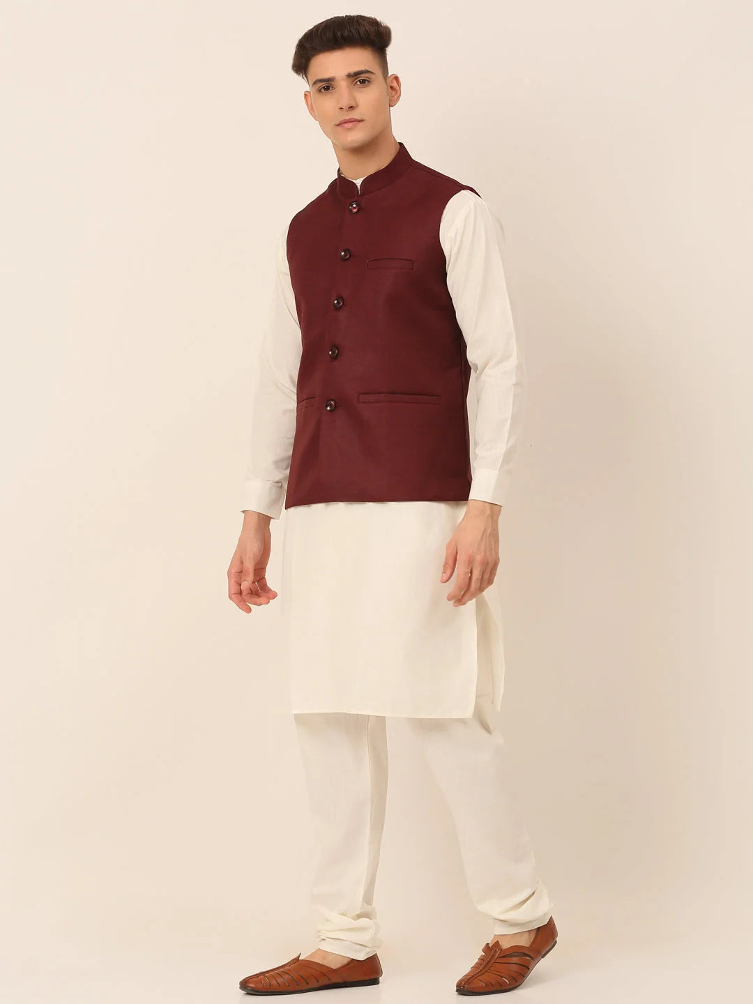 Maroon Mens Kurta Pajama Set with Nehru Jacket | Solid Cotton
