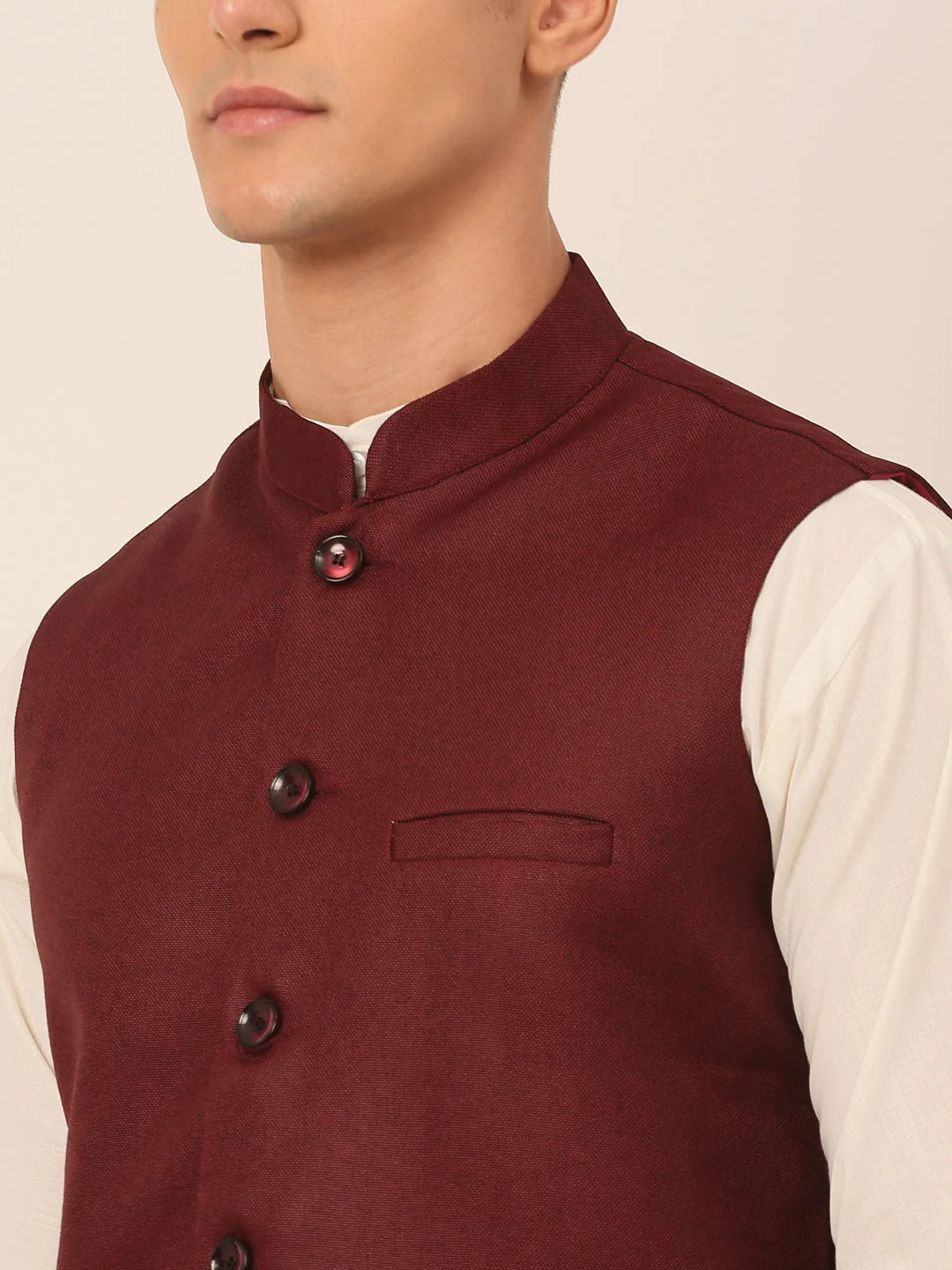 Maroon Mens Kurta Pajama Set with Nehru Jacket | Solid Cotton
