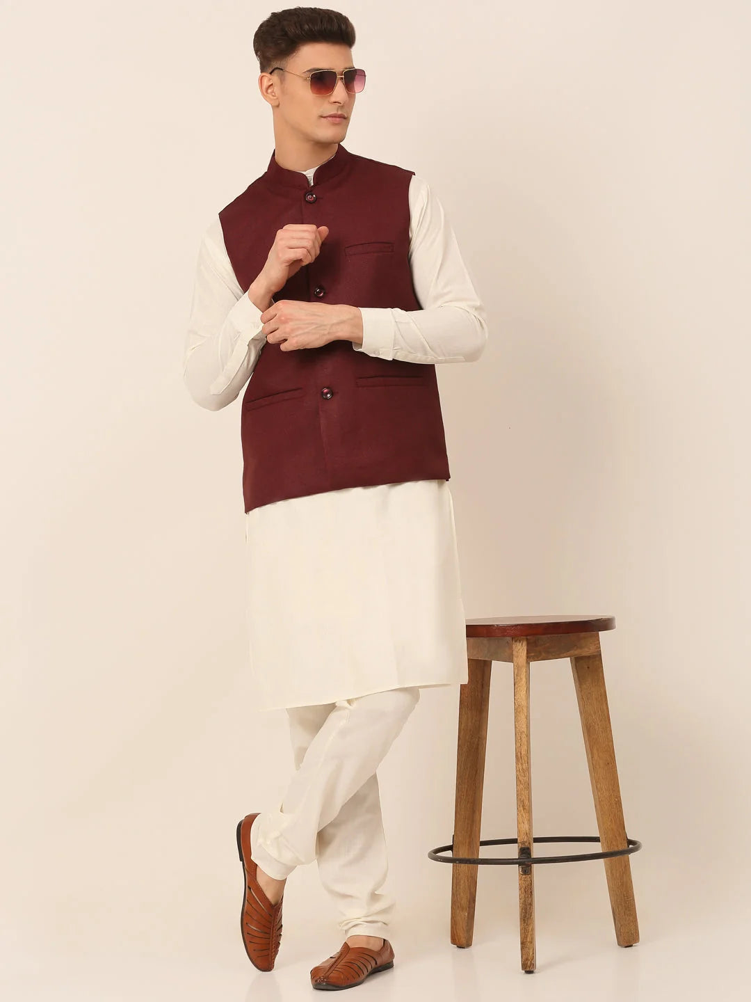 Maroon Mens Kurta Pajama Set with Nehru Jacket | Solid Cotton