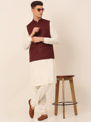 Men's Solid Kurta Pyjama With Nehru Jacket ( JOKPWC W-F 4046Maroon )-JOKPWC-W-F-4046