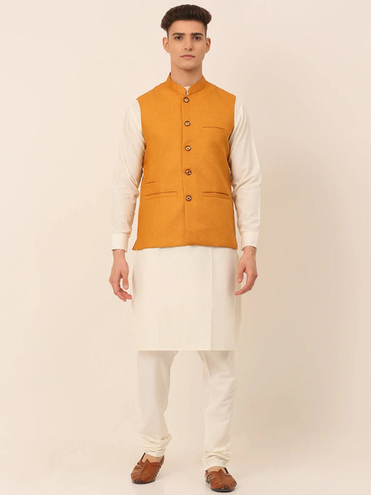 Men's Solid Kurta Pyjama With Nehru Jacket ( JOKPWC W-F 4046Mustard )-JOKPWC-W-F-4046 1080