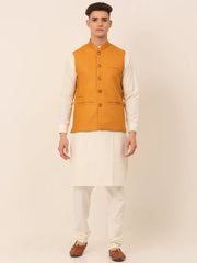 Men's Solid Kurta Pyjama With Nehru Jacket ( JOKPWC W-F 4046Mustard )-JOKPWC-W-F-4046