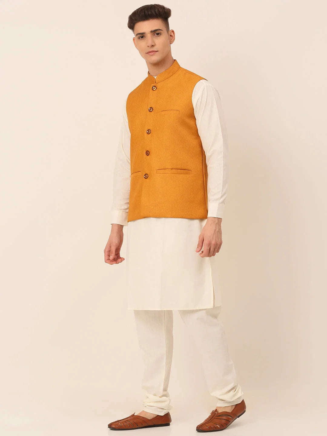 Mustard Men's Kurta Pajama Set with Nehru Jacket | Cotton