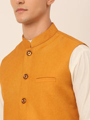 Men's Solid Kurta Pyjama With Nehru Jacket ( JOKPWC W-F 4046Mustard )-JOKPWC-W-F-4046