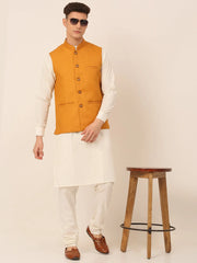 Men's Solid Kurta Pyjama With Nehru Jacket ( JOKPWC W-F 4046Mustard )-JOKPWC-W-F-4046