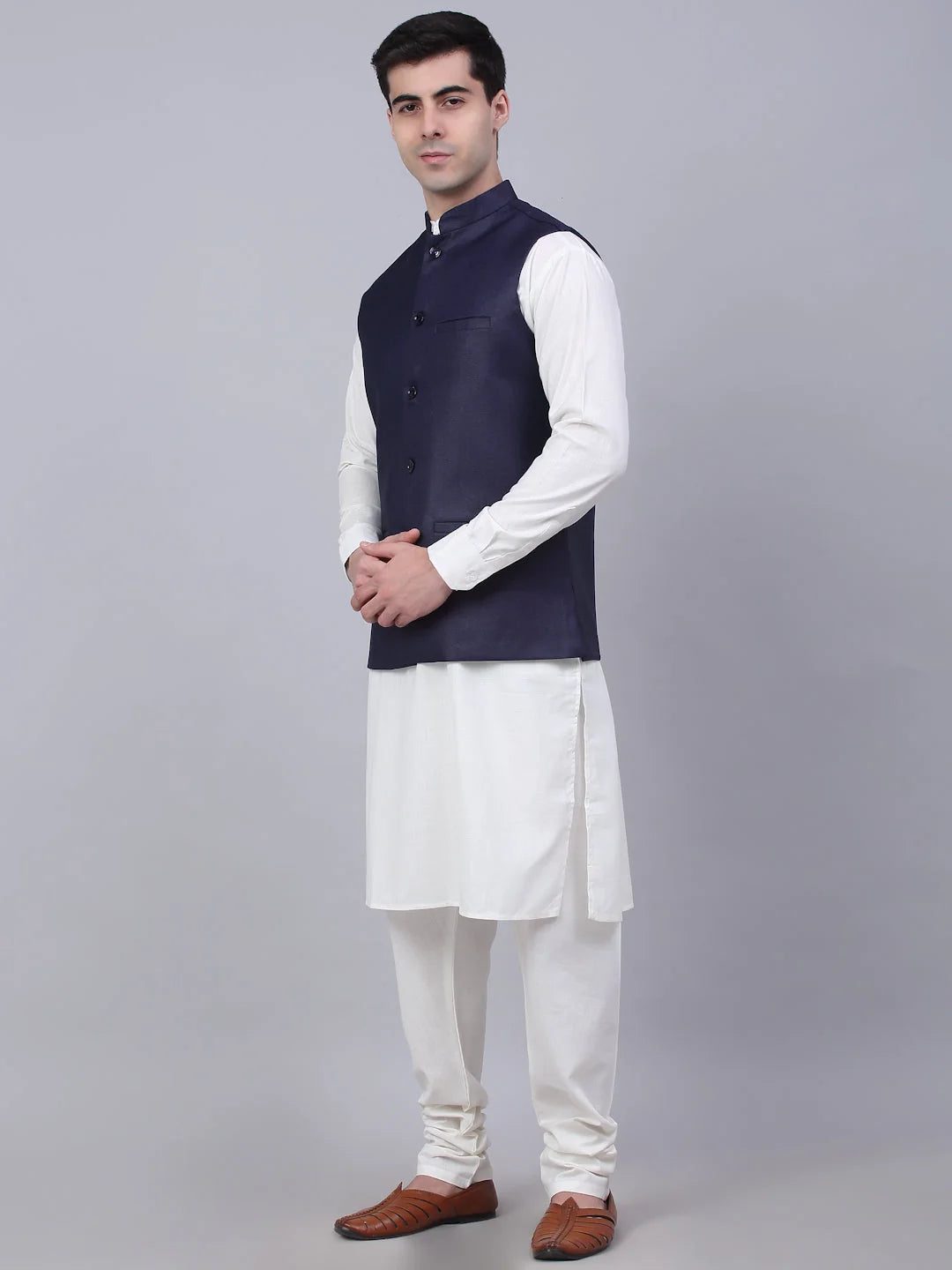 Navy Cotton Mens Kurta Pajama Set with Nehru Jacket