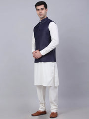 Men's Solid Kurta Pyjama With Nehru Jacket ( JOKPWC W-F 4046Navy )-JOKPWC-W-F-4046
