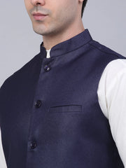 Men's Solid Kurta Pyjama With Nehru Jacket ( JOKPWC W-F 4046Navy )-JOKPWC-W-F-4046