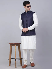 Men's Solid Kurta Pyjama With Nehru Jacket ( JOKPWC W-F 4046Navy )-JOKPWC-W-F-4046
