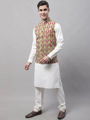 Men off-White Solid Kurta Pyjama with Olive Printed Nehru Jacket