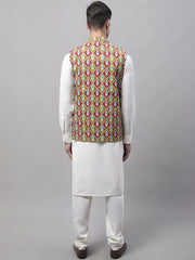 Men off-White Solid Kurta Pyjama with Olive Printed Nehru Jacket