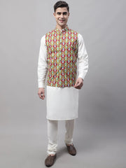 Men off-White Solid Kurta Pyjama with Olive Printed Nehru Jacket