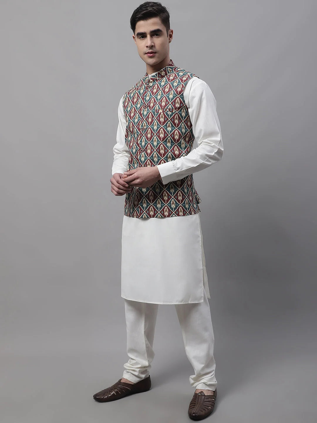 Mens Kurta Pajama Set with Teal Nehru Jacket | Ethnic Wear