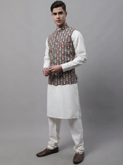 Men off-White Solid Kurta Pyjama with Teal Blue Printed Nehru Jacket